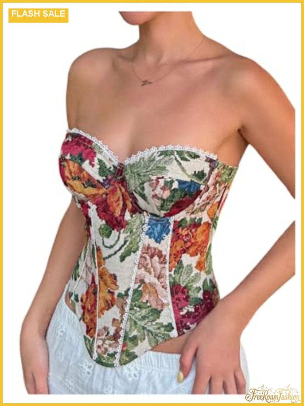 Womens Vintage Floral Strapless Corset Top Lace Up Bustier Crop